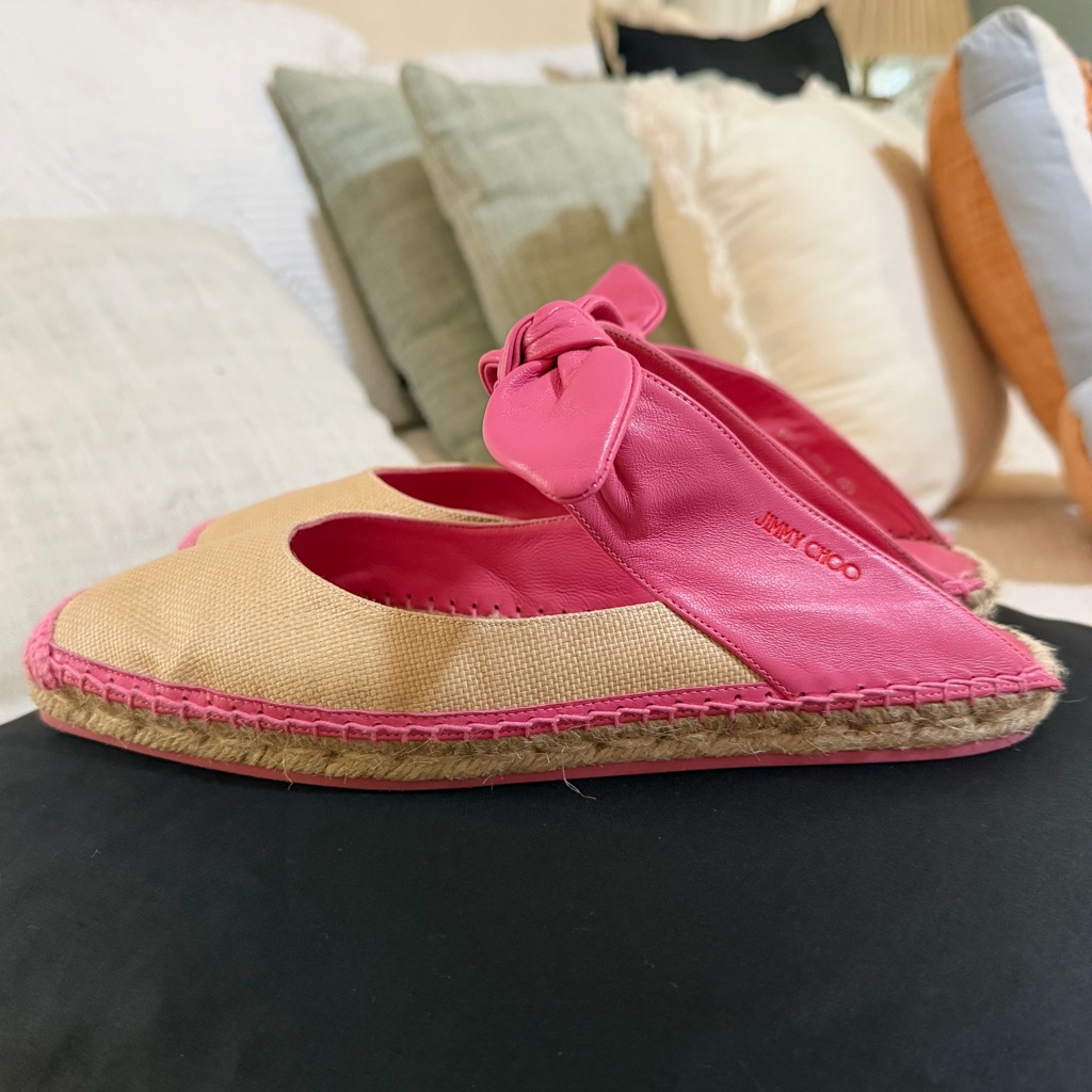 Jimmy Choo Reka Knot Bow Espadrille Mules Candy Pink Leather And Natural Raffia
